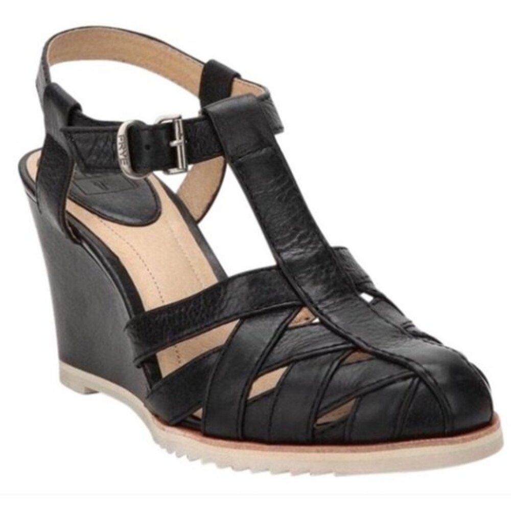 Frye Black Maye Vintage Ankle Wedge Sandals 5.5